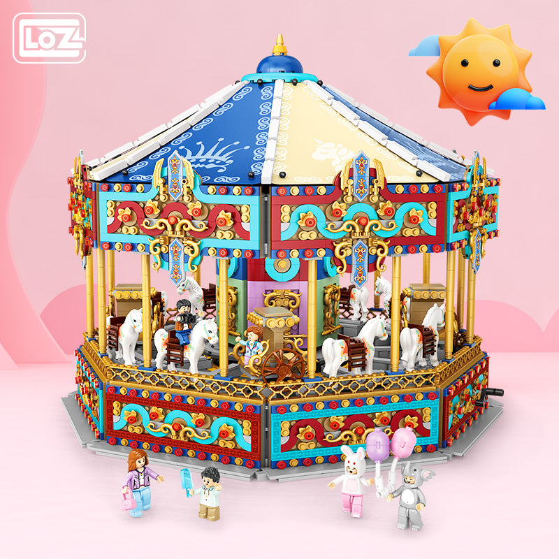 LOZ carousel, difficult large assembling building block toys, retro style playground model ornaments, gift women